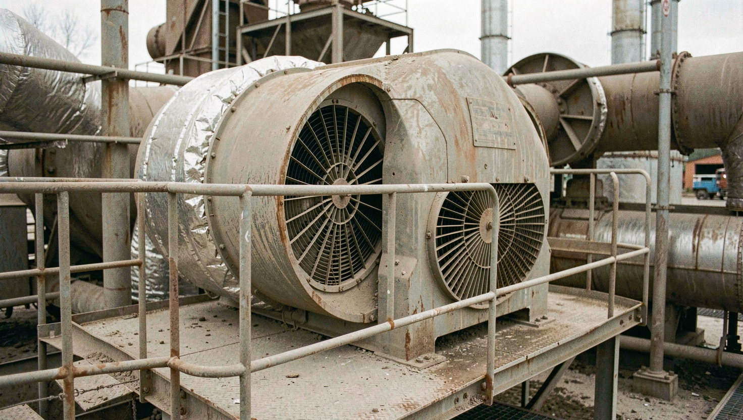 Large fan casing connected to an insulated duct at a sinter plant, access platform and handrail around it, dust on every surface