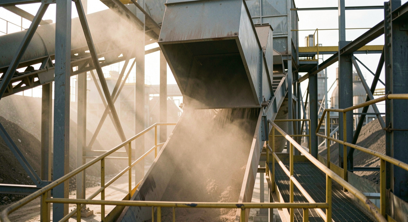 Conveyor transfer point at a sinter plant with an extraction hood over the chute, dust visible in a shaft of light, steel structure and walkways around it