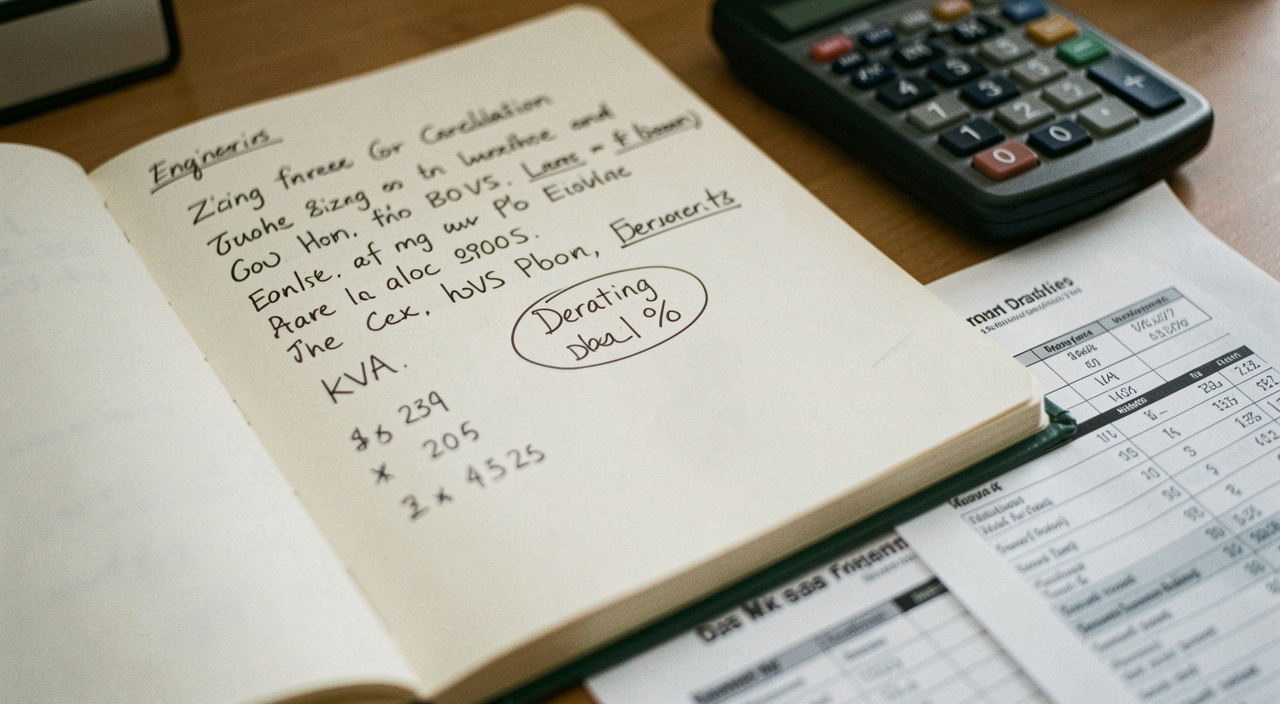 Engineering notebook with a sizing calculation written out by hand, kVA figures and a derating percentage circled, a calculator and a datasheet underneath