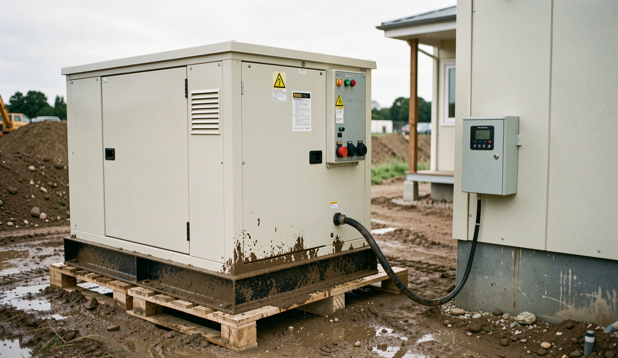Compact enclosed generator set on skids at a construction site, mud on the base frame, a cable running from the socket panel toward a site cabin