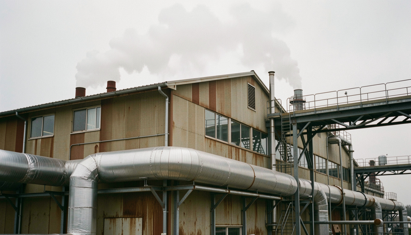 Fan house on the side of a steel plant with large insulated ducts running along the outer wall, steam rising behind the roofline and a service walkway at high level