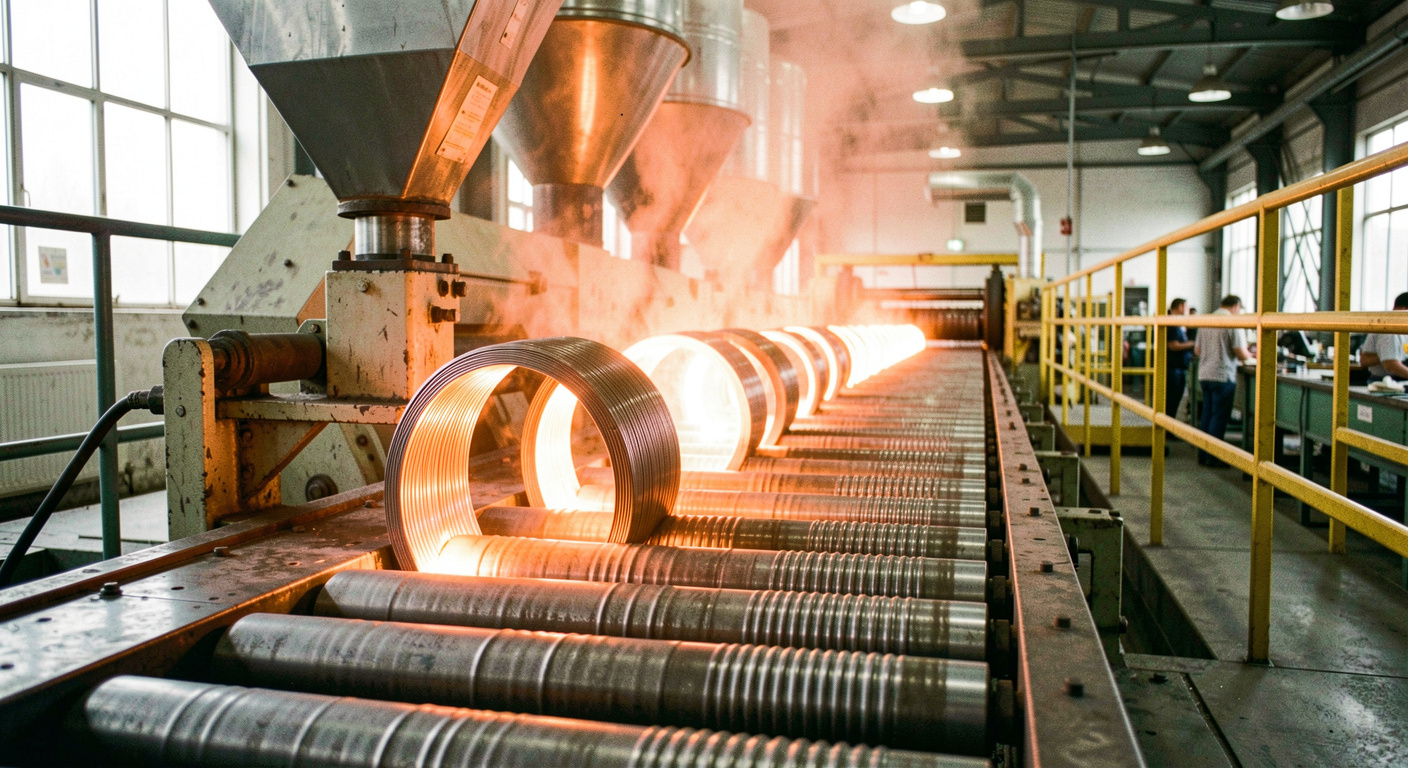 Glowing steel wire rod rings travelling along a roller conveyor in a rolling mill, orange heat radiating upward, extraction hoods and walkways above the line