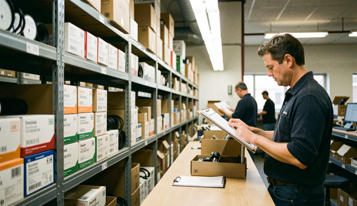 Parts warehouse aisle with boxed filters and belts on steel shelving, a storeman reading a picking list at the counter under strip lighting