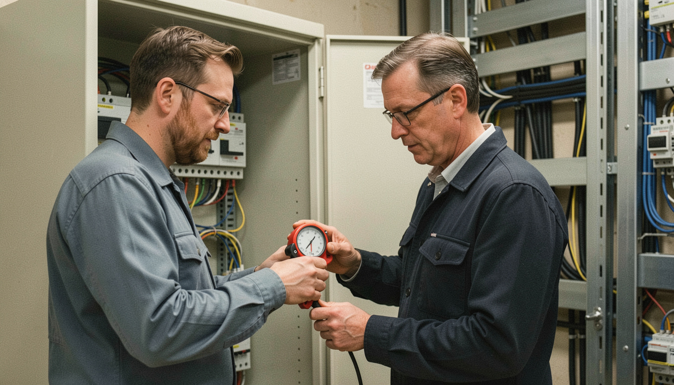 Two engineers reading a clamp meter in front of an open low-voltage switchgear cubicle, cable trays and busbars visible behind them
