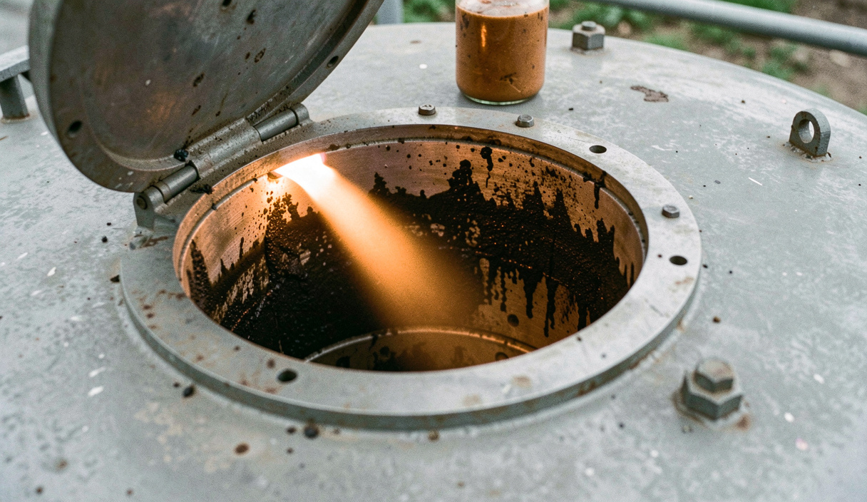 Torch beam shining through an open inspection hatch into a steel diesel tank, dark residue visible on the internal wall and a sample jar on the tank top