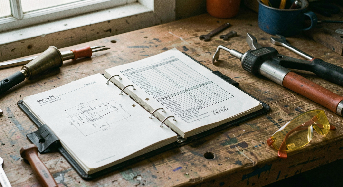 Open technical binder on a workshop desk showing a generating set specification page with tables and a dimensional drawing, a torch and safety glasses beside it