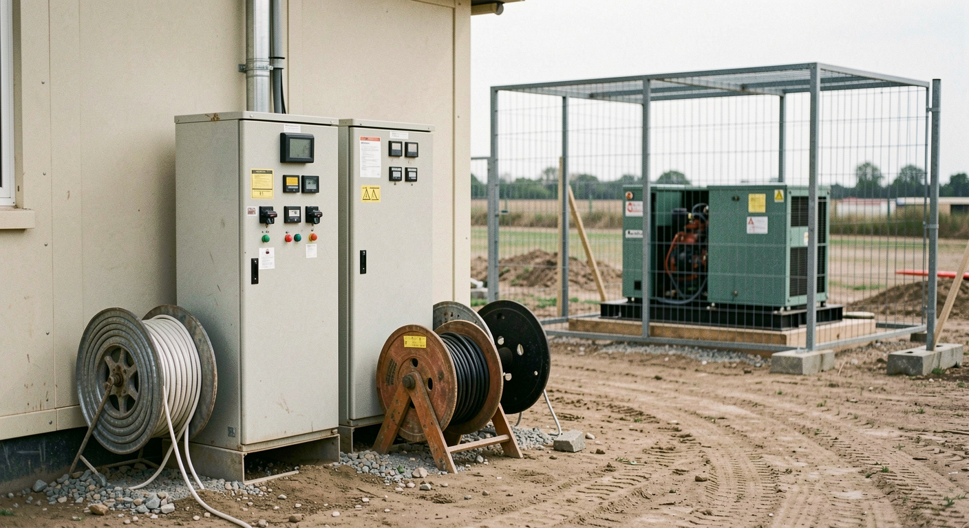 Temporary distribution board and cable reels beside a site cabin on a construction site, an enclosed generator running behind a mesh fence in the background