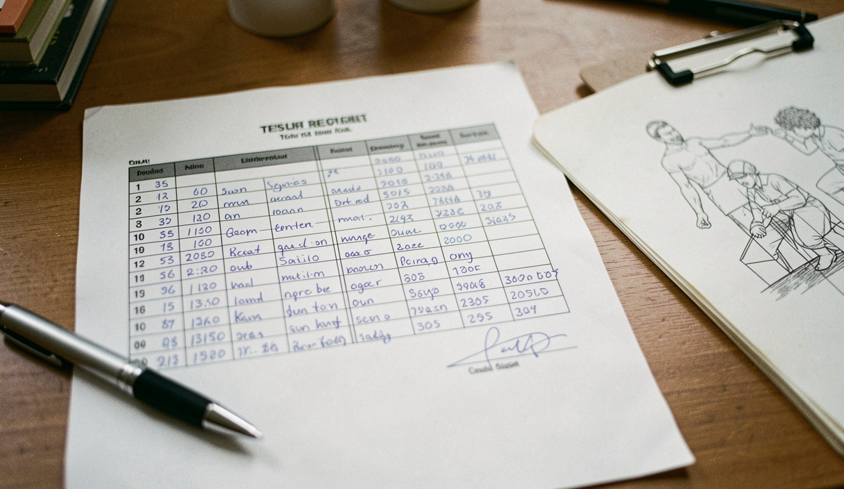 Printed test report on a desk with columns of handwritten readings, a pen resting on the signature line and a folder of drawings beside it