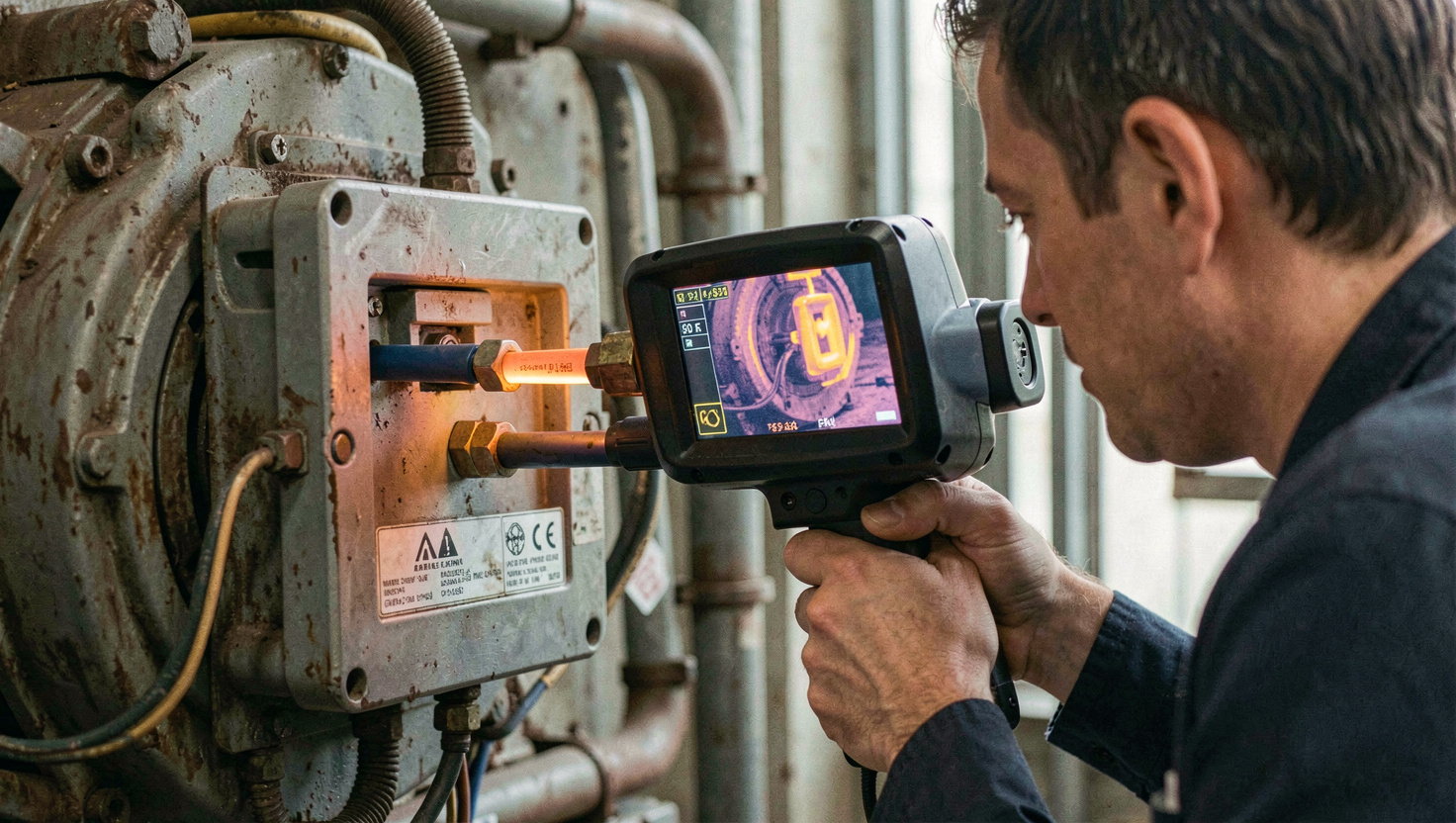 Technician pointing a thermal imaging camera at the terminal box of a running alternator, the camera screen showing one cable hotter than its neighbours
