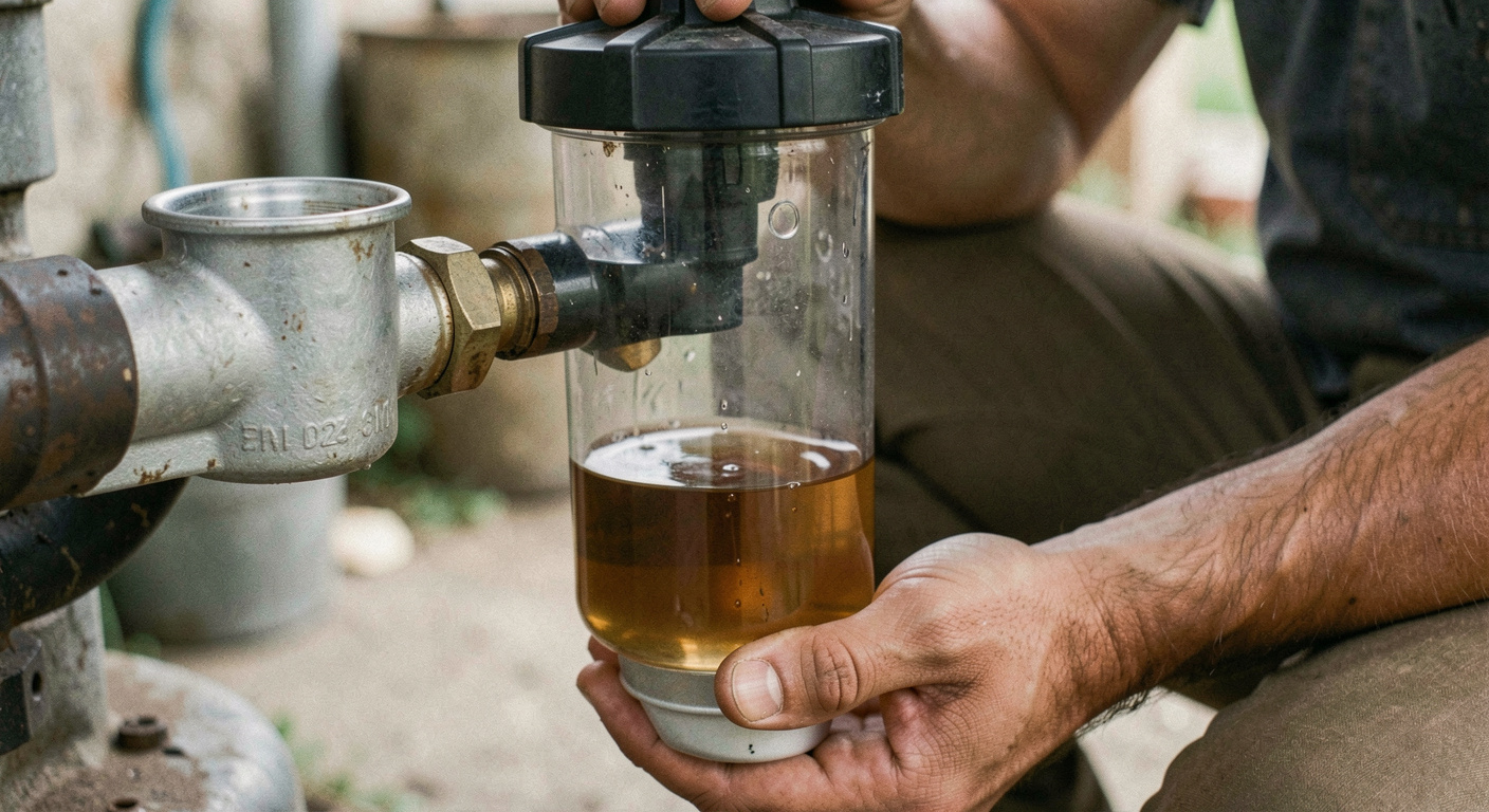 Clear water separator bowl on a fuel filter head with a visible water layer under the diesel, a small container held beneath the drain tap