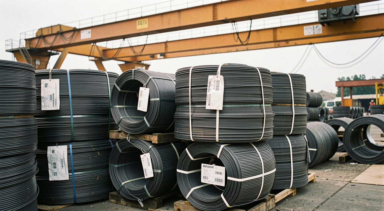 Stacked coils of finished steel wire rod in a mill yard, banding straps and identification tags on each coil, overhead crane rails above