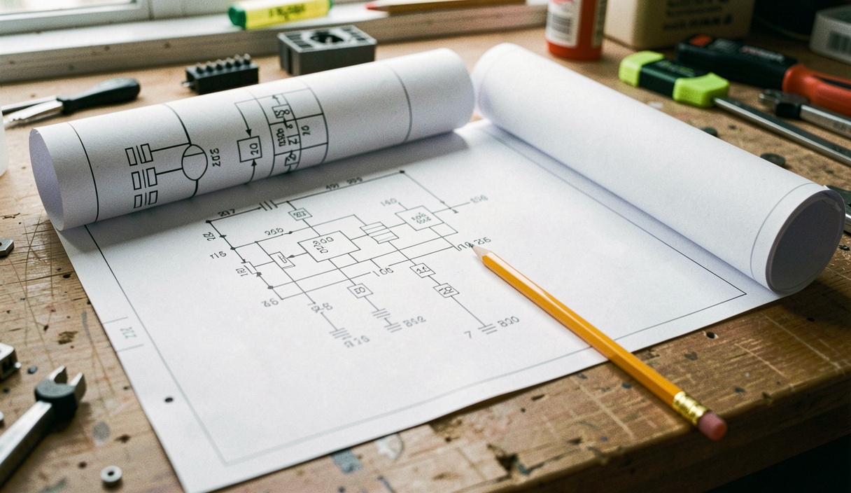 Rolled electrical schematic partly unrolled on a workbench, terminal numbers and relay symbols visible, a pencil and a highlighter across the sheet