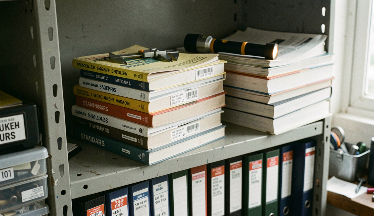 Shelf of engine manuals, standards volumes and ring binders in a workshop office, a caliper and a torch lying on top of the stack