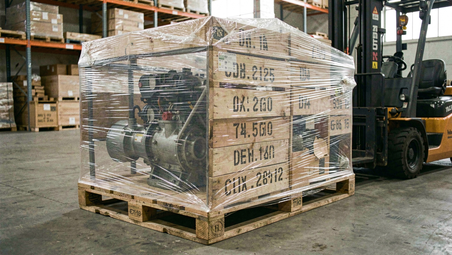 Diesel engine strapped to a wooden export pallet under shrink wrap in a warehouse, stencilled crate markings and a forklift waiting alongside